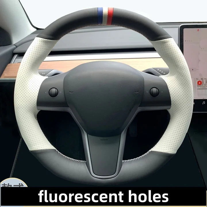 Round Suede Steering Wheel for Tesla Model 3/Y – Alcantara & Carbon Fiber Upgrade