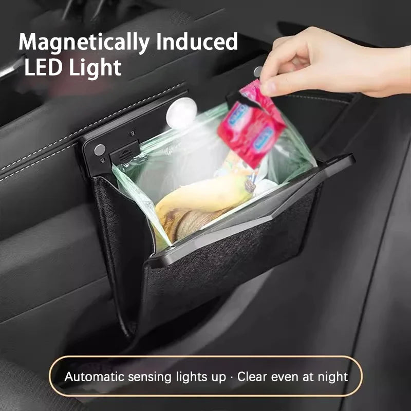 LED Car Trash Can Waterproof Leather Hanging Garbage Bag