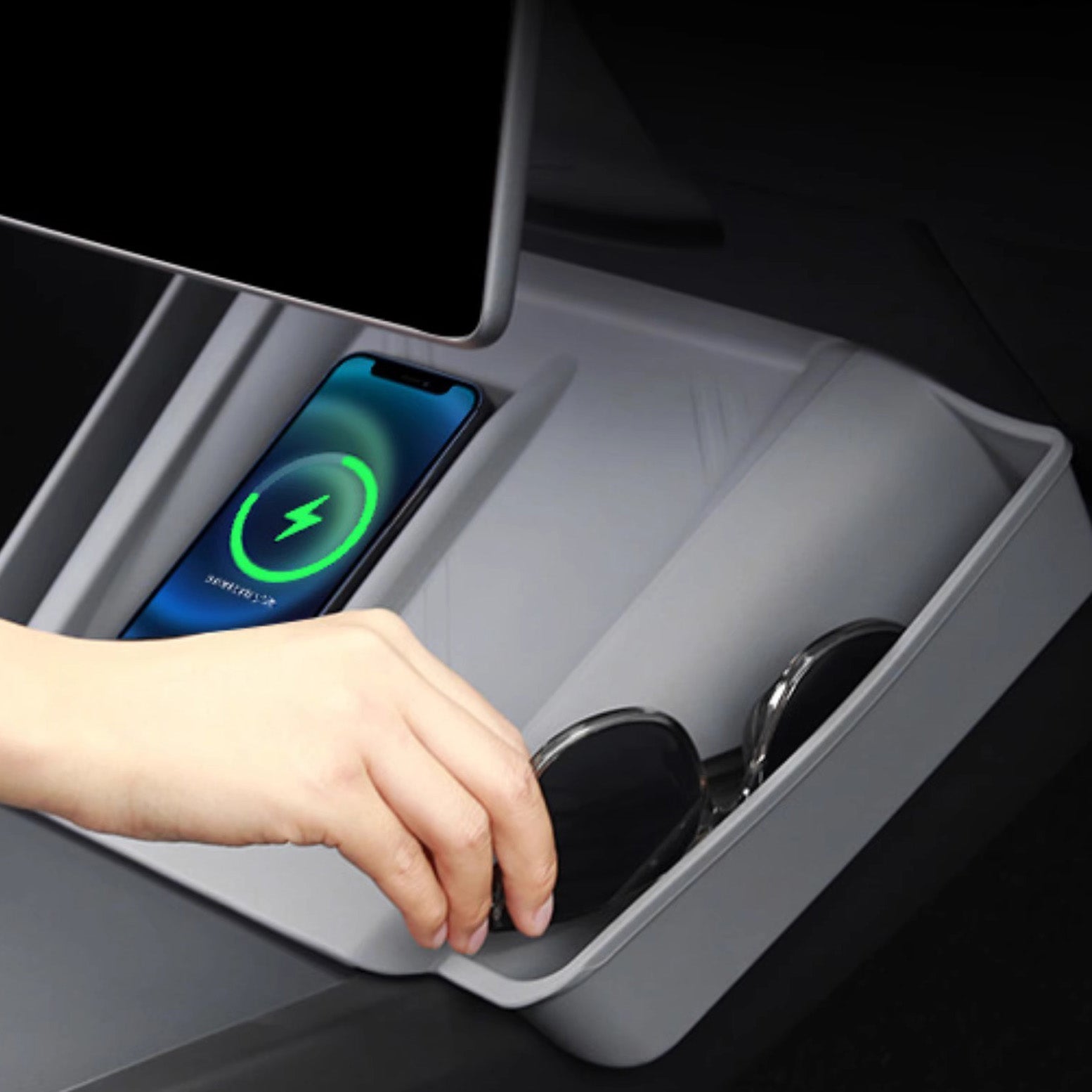 Center Console Wireless Charging Pad with Side Pockets For Tesla Model 3 Highland & Model Y Juniper