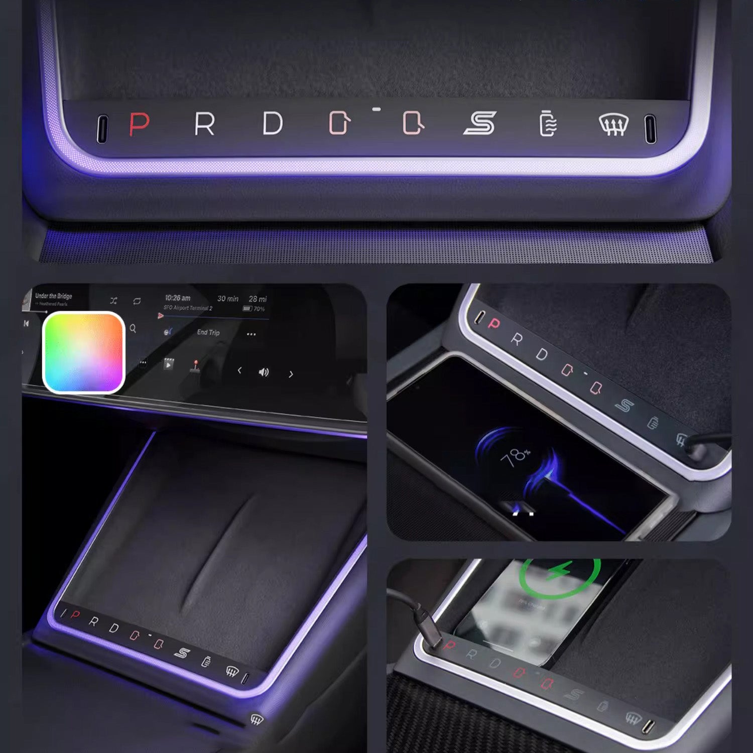 Wireless Charging Pad with Ambient Touch Buttons for Model Y Juniper & Model 3 Highland