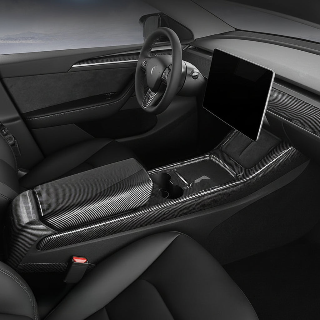 Real Dry Carbon Fiber Center Console Side Panel Overlays for Model 3 Highland / Model Y Juniper (2 Pieces)