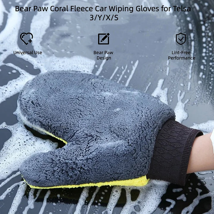 Bear Paw Coral Fleece Car Cleaning Gloves for Tesla Model 3/Y/S/X