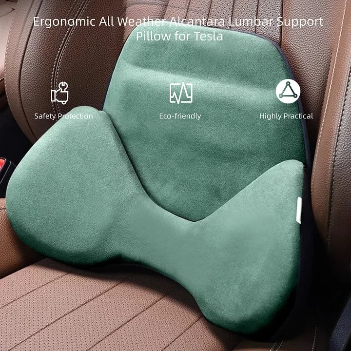 Side view of ergonomic Alcantara lumbar support pillow for Tesla