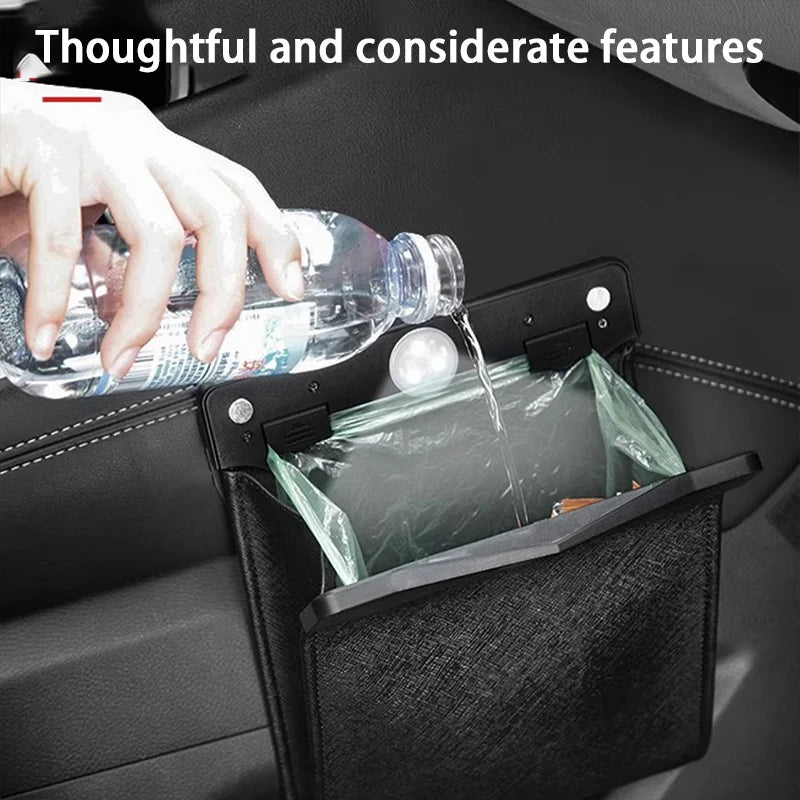 LED Car Trash Can Waterproof Leather Hanging Garbage Bag