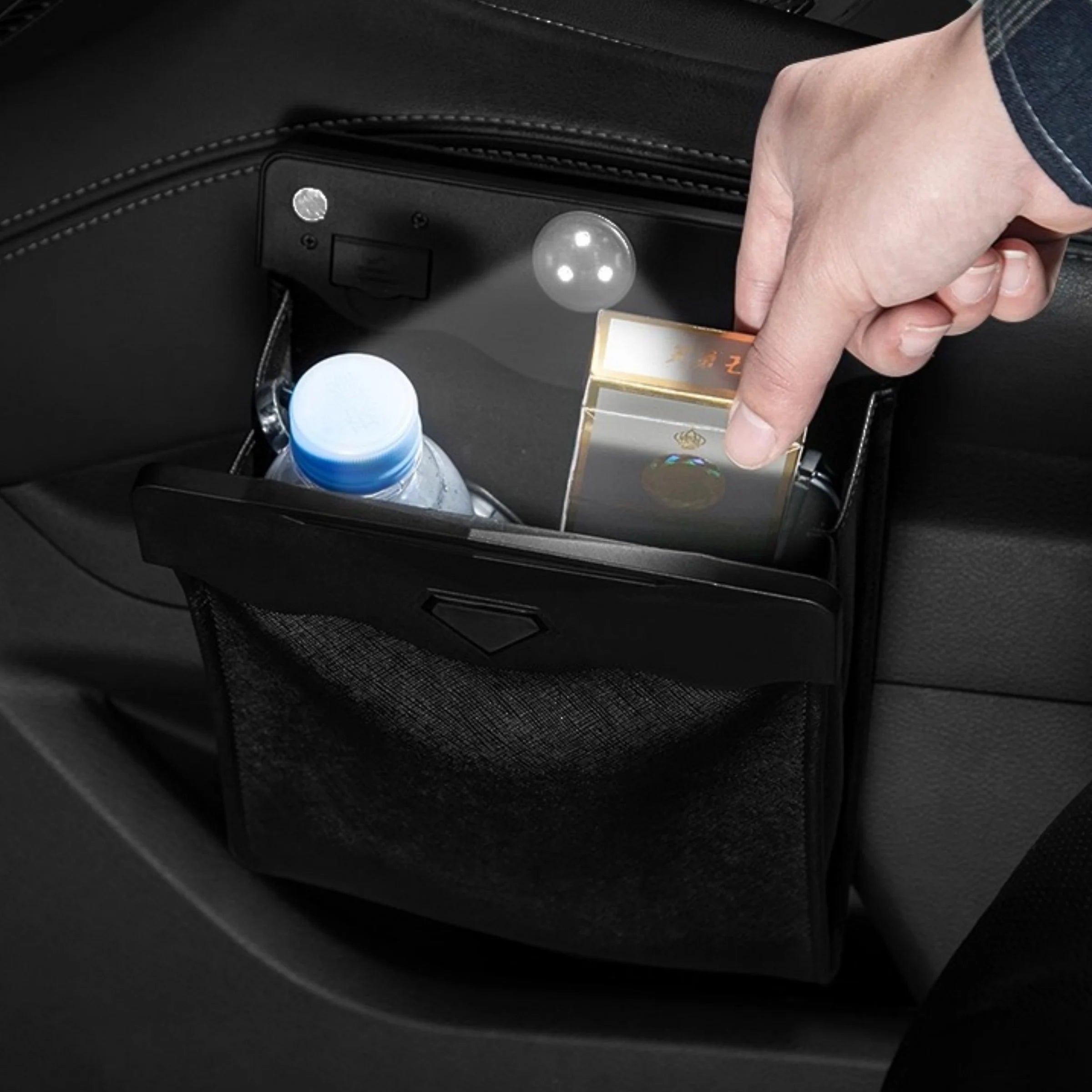 LED Car Trash Can Waterproof Leather Hanging Garbage Bag