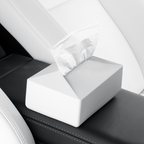 Multi-function tissue box holder inside Tesla interior