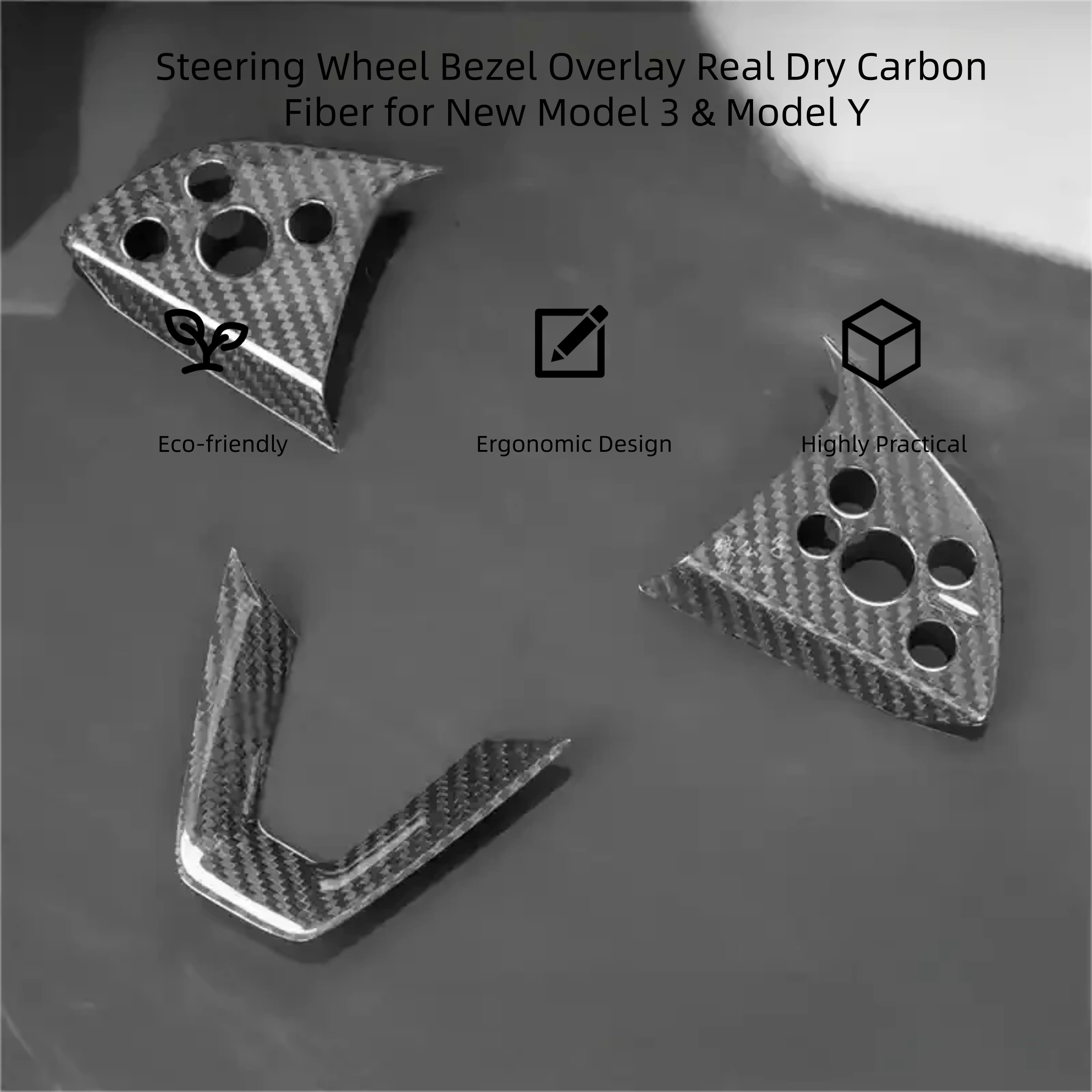 Dry Carbon Fiber Steering Wheel Trim Cover for Model 3 Highland / Model Y Juniper (3 Pieces)