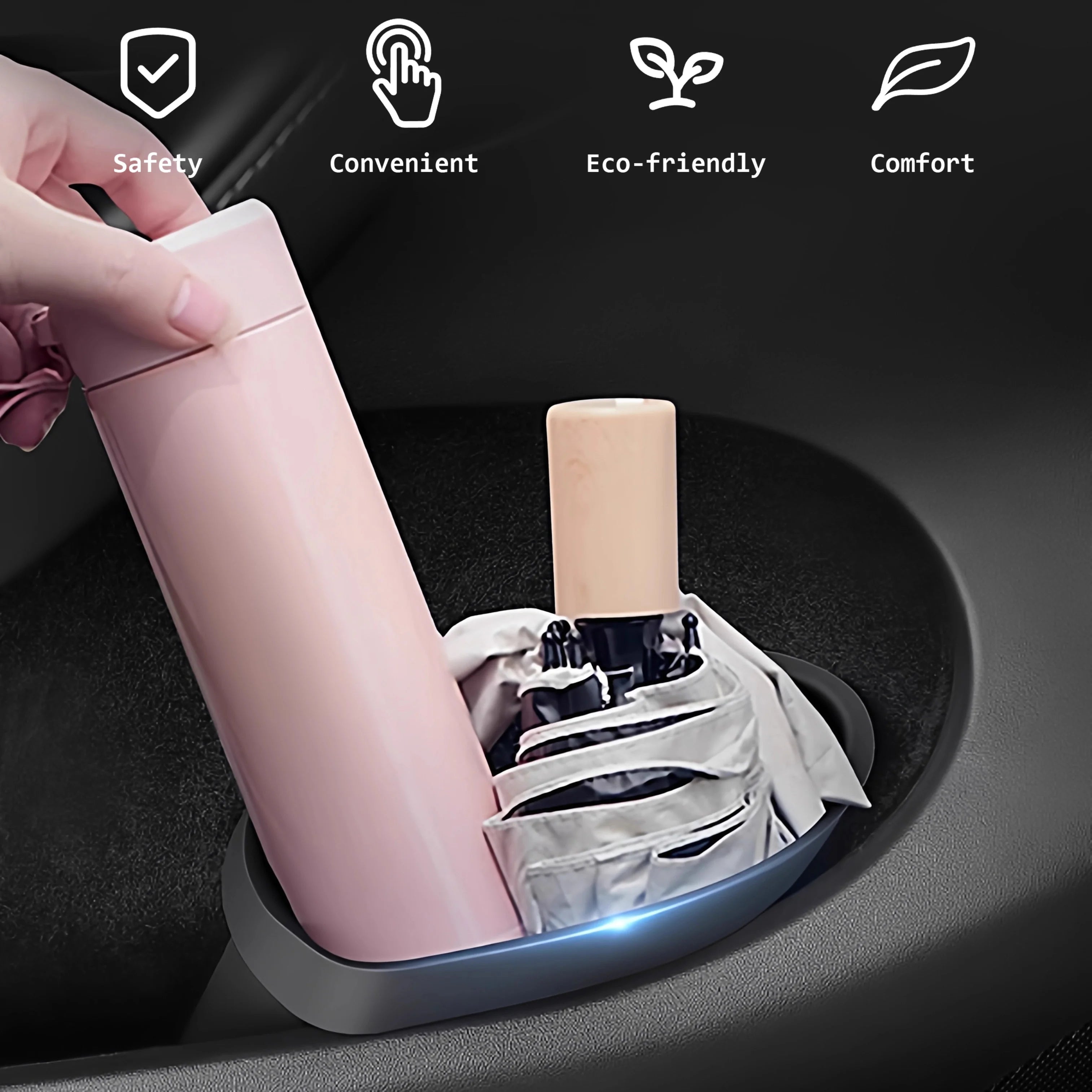 Door side trash can installed in Tesla Model Y door storage compartment