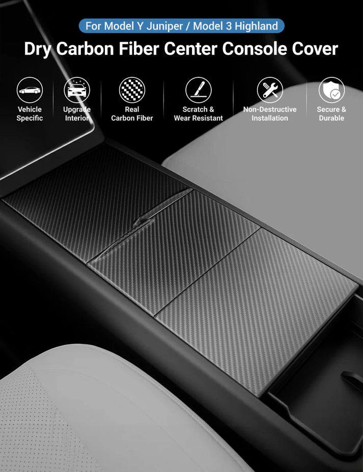 Dry Carbon Fiber Center Console Cover for Tesla Model Y Juniper / Model 3 Highland / Model YL