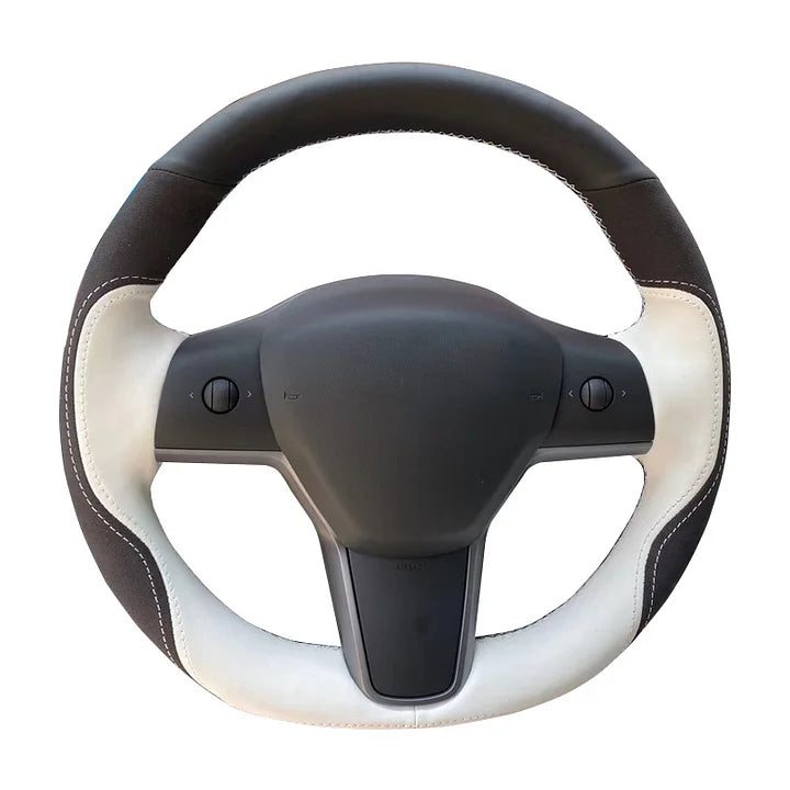 Round Suede Steering Wheel for Tesla Model 3/Y – Alcantara & Carbon Fiber Upgrade