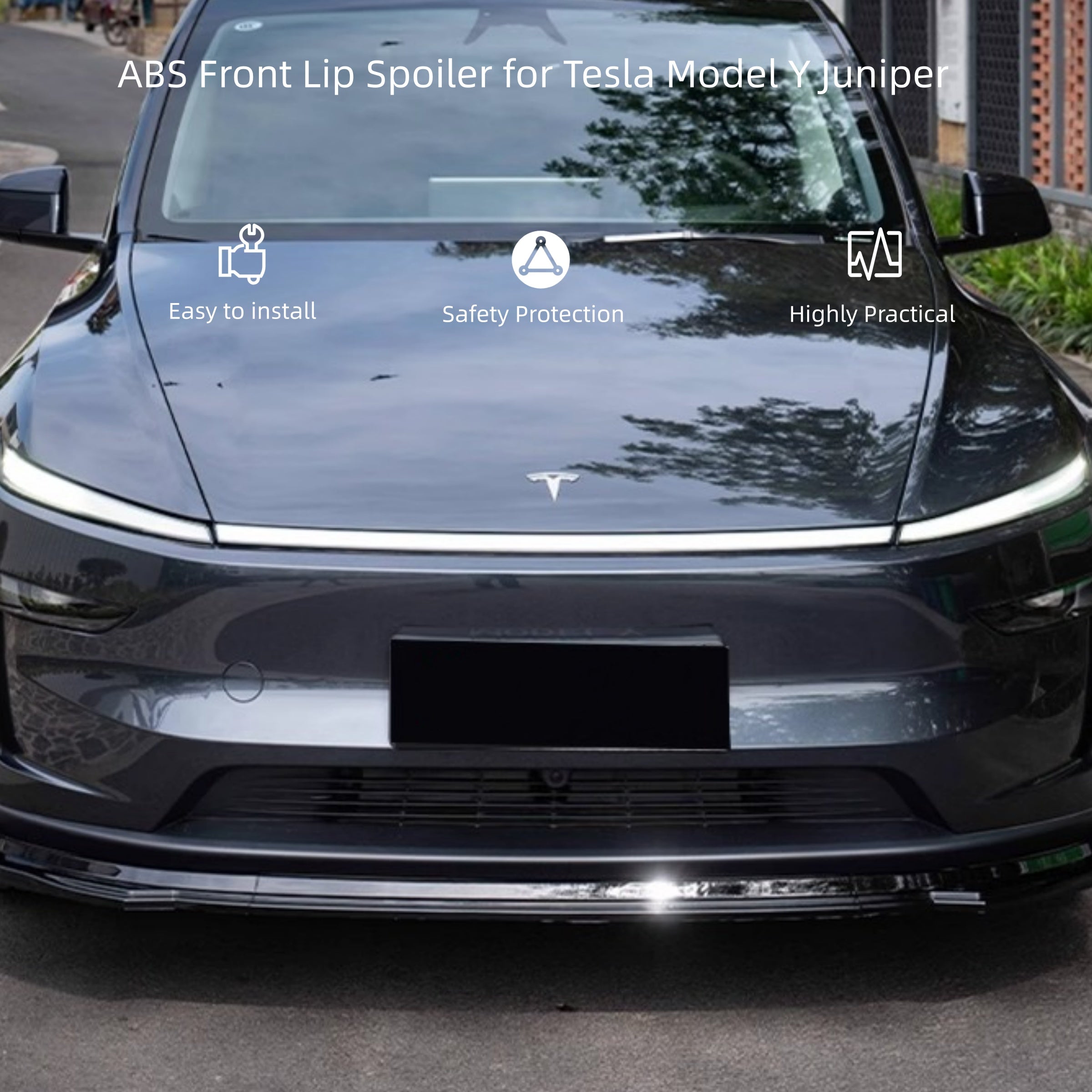 Front view of Tesla Model Y Juniper ABS front lip spoiler