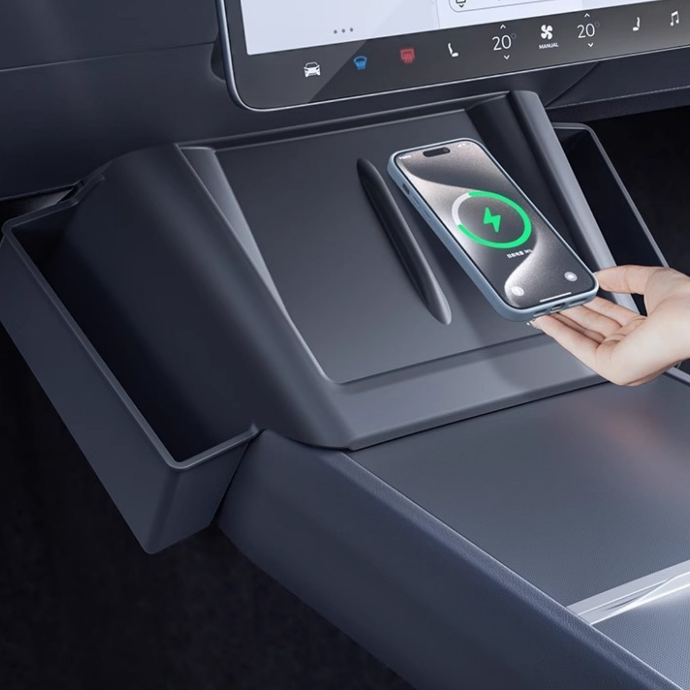 Tesla center console side organizer showing storage of phone and small items