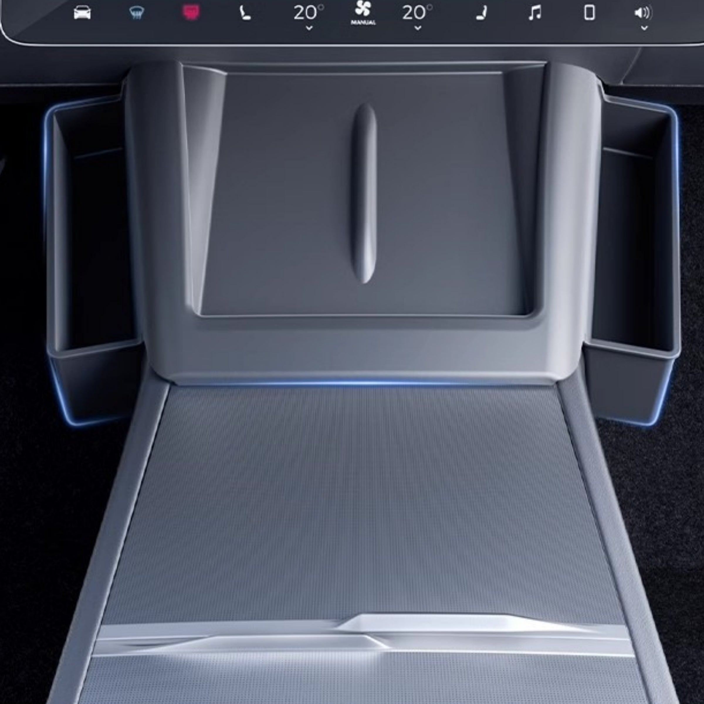Tesla Model 3 Highland and Model Y Juniper side organizer with dual compartment view