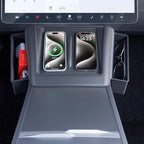 Hands placing items into Tesla center console side organizer