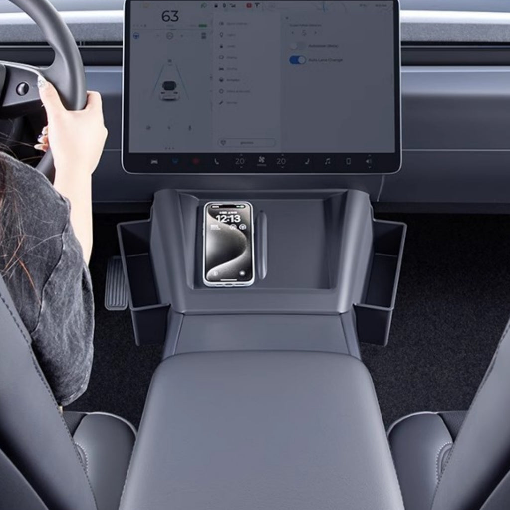 Tesla console side organizer holding phone and small accessories