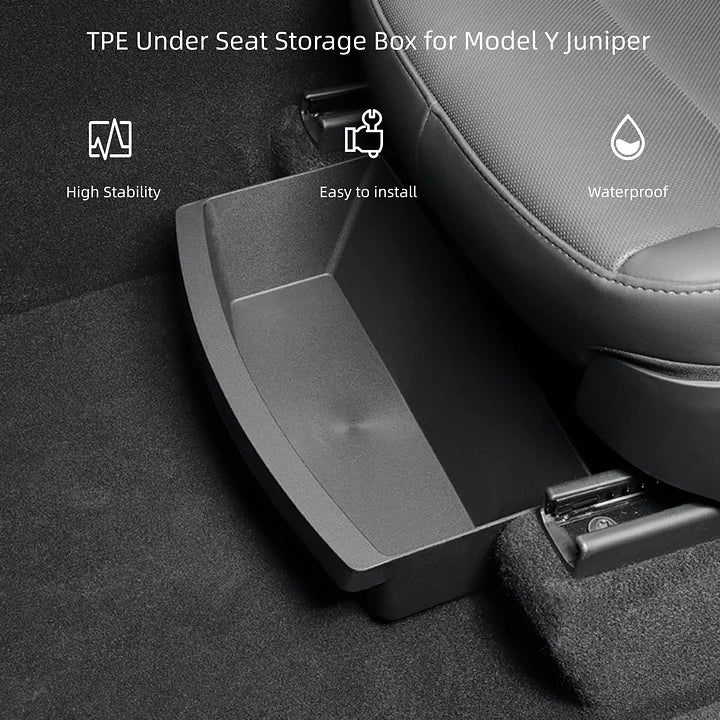 Detail view of Model Y Juniper under seat storage box