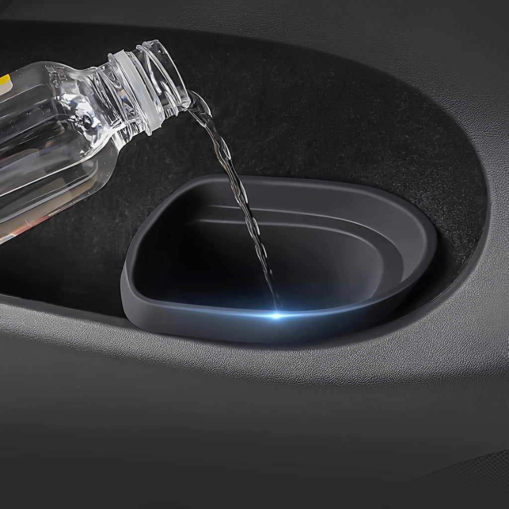 Close-up detail of Tesla Model 3 Y door side storage trash can