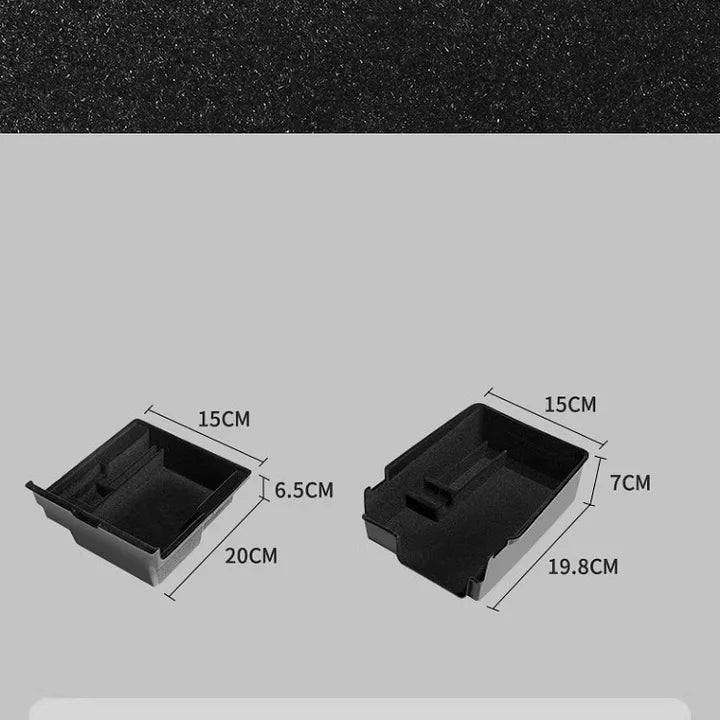 Close-up of Tesla Model 3 / Y armrest organizer console tray compartments and material