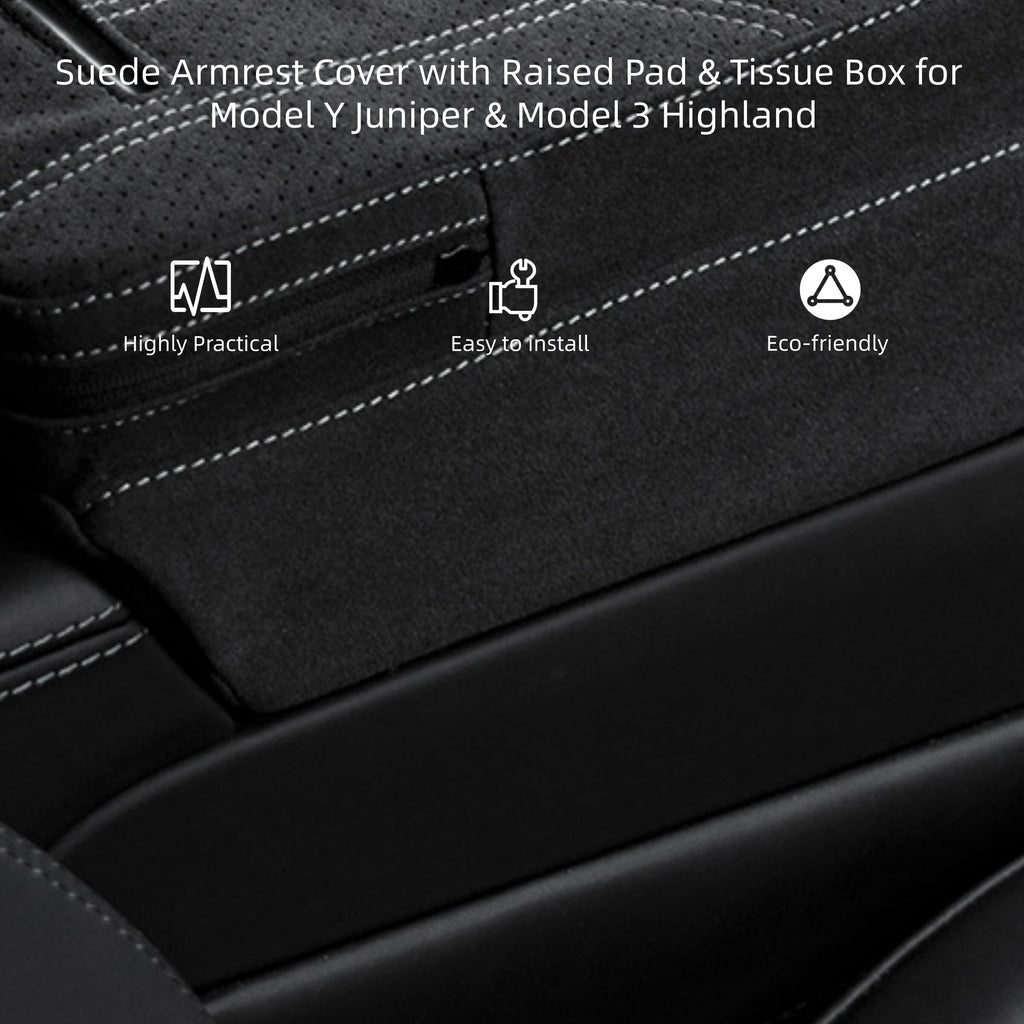 Close-up of suede texture and stitching detail on Tesla armrest booster pad