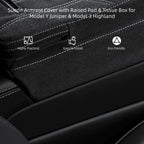 Close-up of suede texture and stitching detail on Tesla armrest booster pad