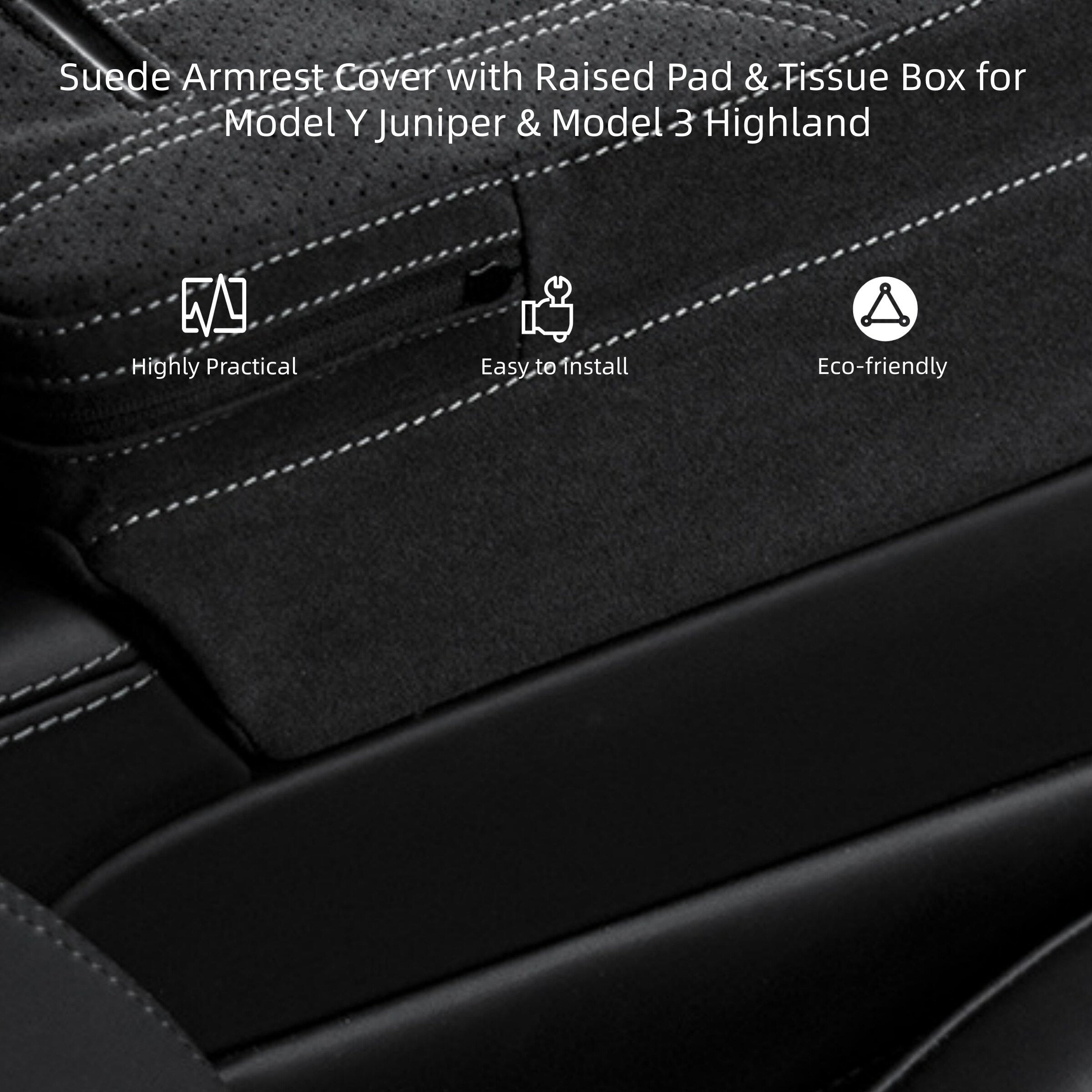 Close-up of suede texture and stitching detail on Tesla armrest booster pad