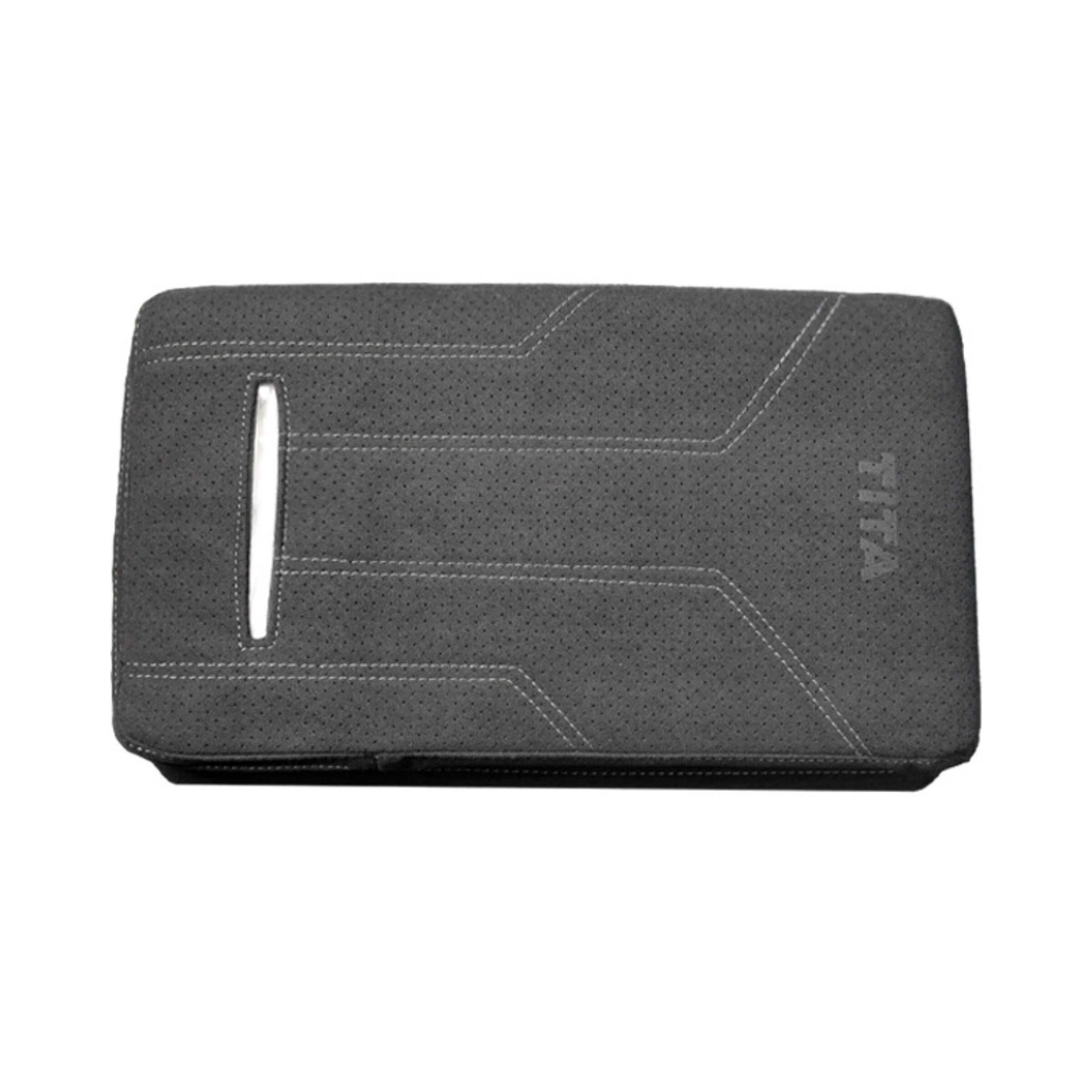 Tesla Model 3 / Y suede armrest booster pad with built-in tissue box – top view
