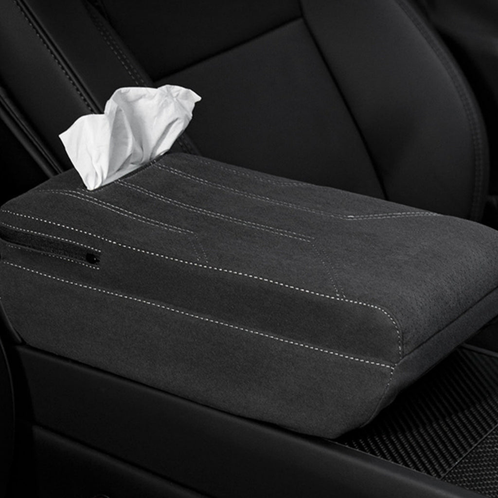 Suede armrest booster showing built-in tissue box in Tesla Model 3 / Y