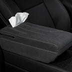 Suede armrest booster showing built-in tissue box in Tesla Model 3 / Y