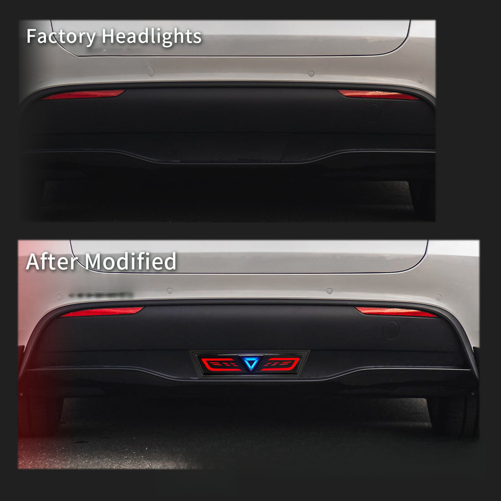 Before and after installation of Tesla Model Y rear bumper pilot lights